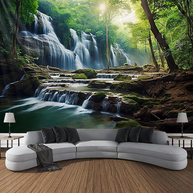 Forest Waterfall Hanging Tapestry Wall Art Large Tapestry Mural Decor Photograph Backdrop Blanket Curtain Home Bedroom Living Room Decoration 16