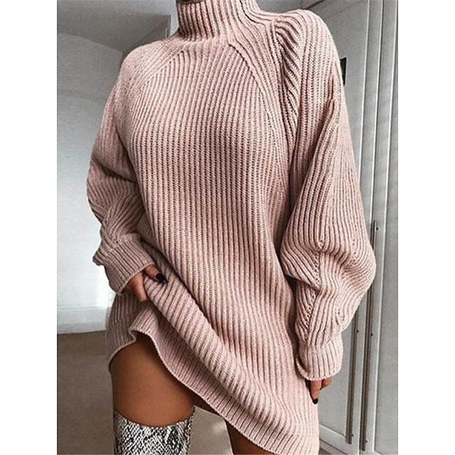  Women's Sweater Dress Jumper Ribbed Knit Patchwork Turtleneck Solid Color Daily Going out Stylish Casual Fall Winter Pink Wine S M L