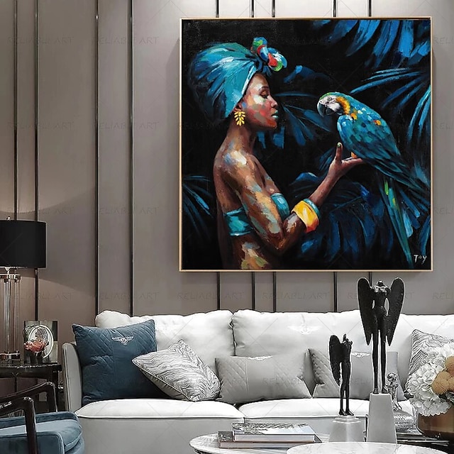  كبيرة اليدوية امرأة أفريقية اللوحة مرسومة باليد النفط اللوحة جدار الفن الشمال الببغاء امرأة أفريقية قماش اللوحة مجردة جدار الفن صور ديكور المنزل توالت قماش بدون إطار