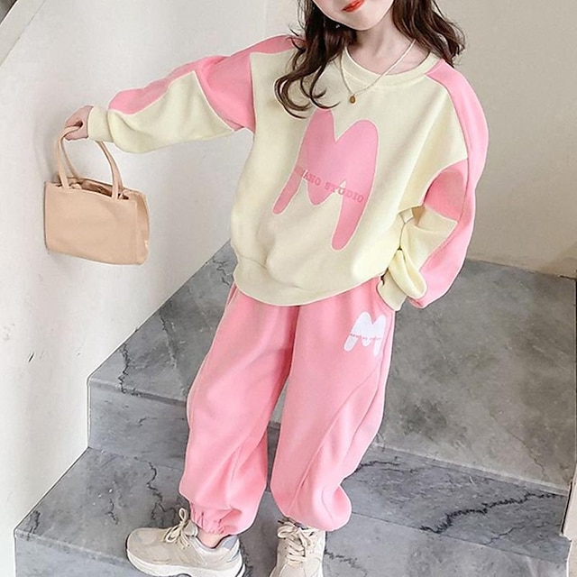  2 Pieces Kids Girls' Color Block Pocket Hoodie & Pants Set Long Sleeve Active Training 7-13 Years Fall Yellow Pink