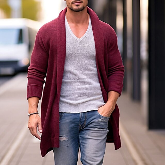  Men's Cardigan Sweater Fall Sweater Ribbed Knit Tunic Knitted Plain Shawl Collar Warm Ups Modern Contemporary Daily Wear Going out Clothing Apparel Fall & Winter Red Blue M L XL