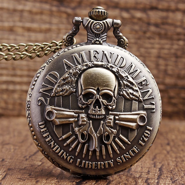  2Nd Bronze Skull Knight Pocket Watch with Necklace Chain Vintage Fob Chain Roman Digital Round Dial Necklace Pendant Clock Men Gift