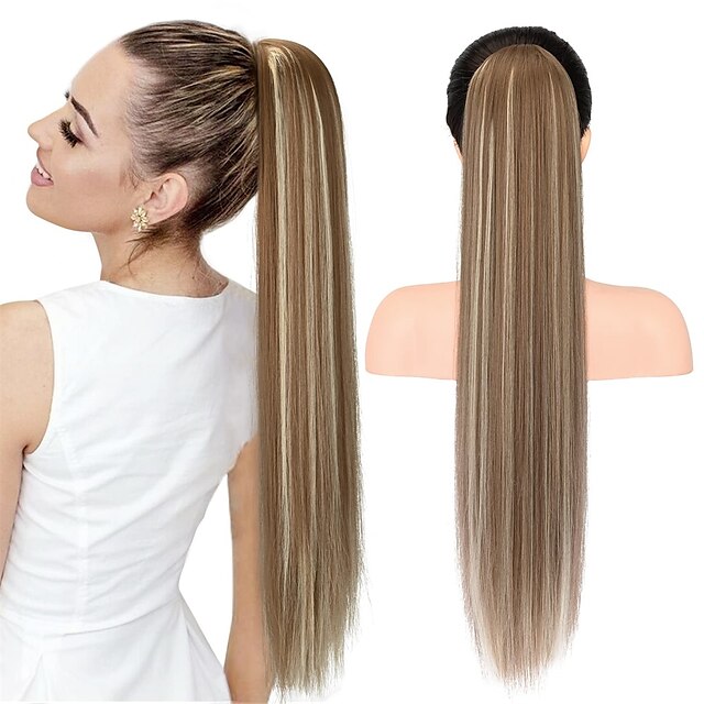  28 extensions de queue de cheval cordon long et droit faux queue de cheval clip doux naturel dans l'extension de cheveux synthétique résistant à la chaleur postiche