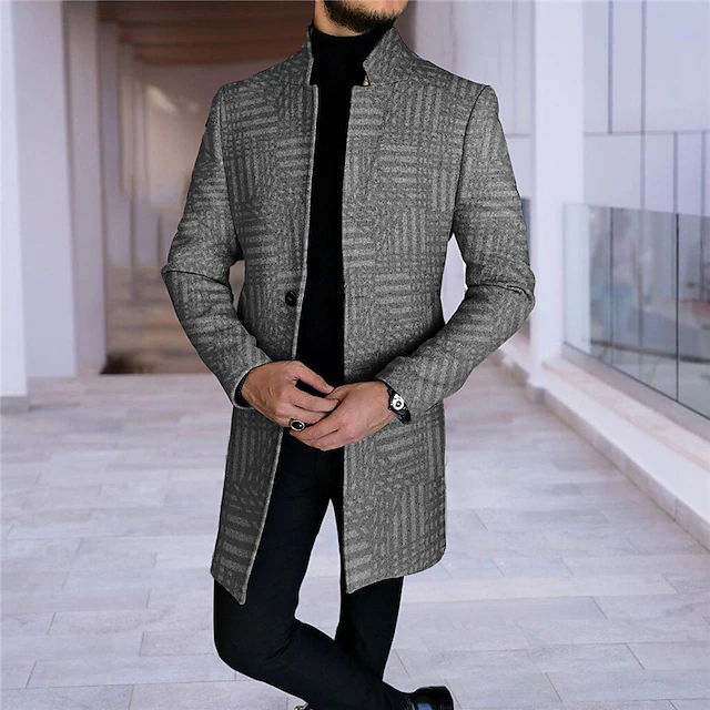 Men's Plaid / Check Geometry Winter Coat Overcoat Coat Warm Comfortable Breathable Fashion Streetwear Business Work Wear to work Going out Pocket Print Fall & Winter Turndown Long Sleeve Black Gray4