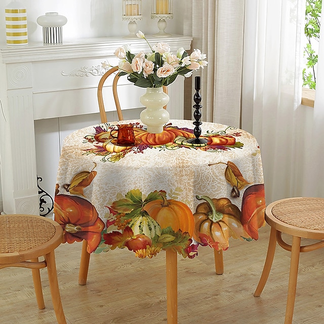  Round Fall Thanksgiving Tablecloth Pumpkin Decorative Holiday Table Cloth Seasonal Dining-Table Cover, Waterproof and Washable Table Cover for Party Kitchen Dining Room Indoor