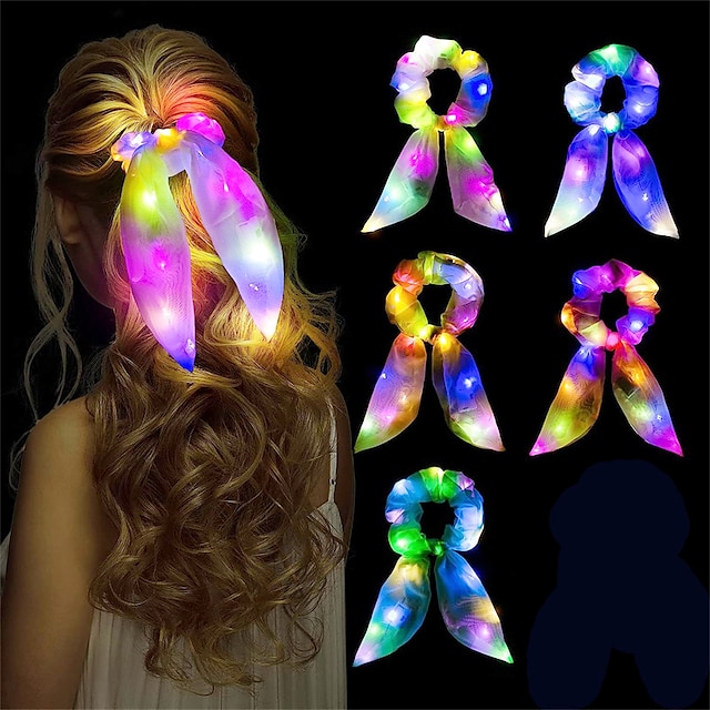  5 bucăți de arcuri de păr luminoase, cu LED, luminoase pentru urechi de iepure de iepuraș, suporturi pentru coadă de cal, care strălucesc în întuneric neon pentru petreceri