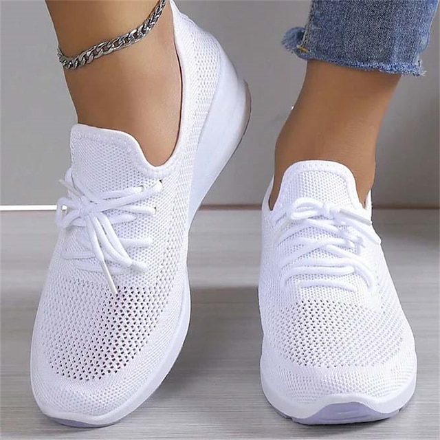  Damskie Adidasy Buty podwyższające Na zewnątrz Codzienny Jednokolorowe Lato Obcas wedge Okrągły palec u nogi Sportowy Codzienny Wygoda Bieganie Spacery Latające tkactwo Elastyczna taśma Czarny Biały