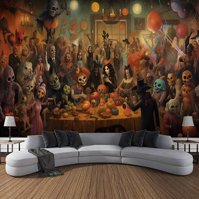 Halloween Tapestry Wall Art Large Tapestry Mural Decoration Photo Background Blanket Curtains Family Bedroom Living Room Decoration Horror Pumpkin Monster Witch Haunted House Halloween Decorations 8