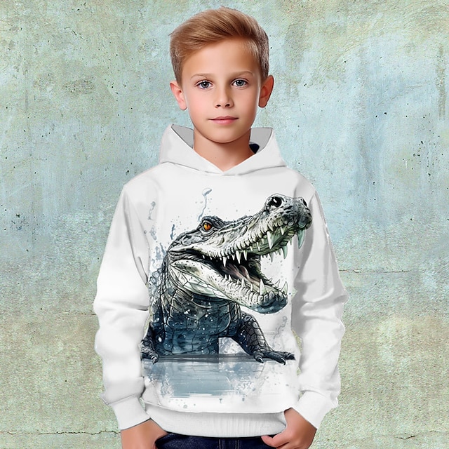  Pojkar 3D Djur Krokodil Huvtröja Pullover Långärmad 3D-tryck Höst Vinter Mode Streetwear Häftig Polyester Barn 3-12 år Utomhus Ledigt Dagligen Normal