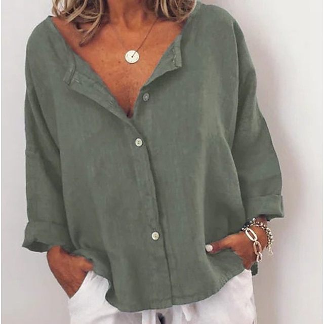  Women's Shirt Cotton Linen Shirts Button Up Blouse Plain Daily Basic Long Sleeve V Neck Regular Tops Casual Daily Buttons Army Green Red Blue Khaki Dark Gray Fall & Winter