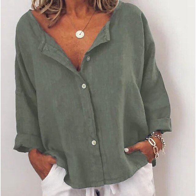 Women's Shirt Cotton Linen Shirts Button Up Blouse Plain Daily Basic Long Sleeve V Neck Regular Tops Casual Daily Buttons Army Green Red Blue Khaki Dark Gray Fall & Winter 5