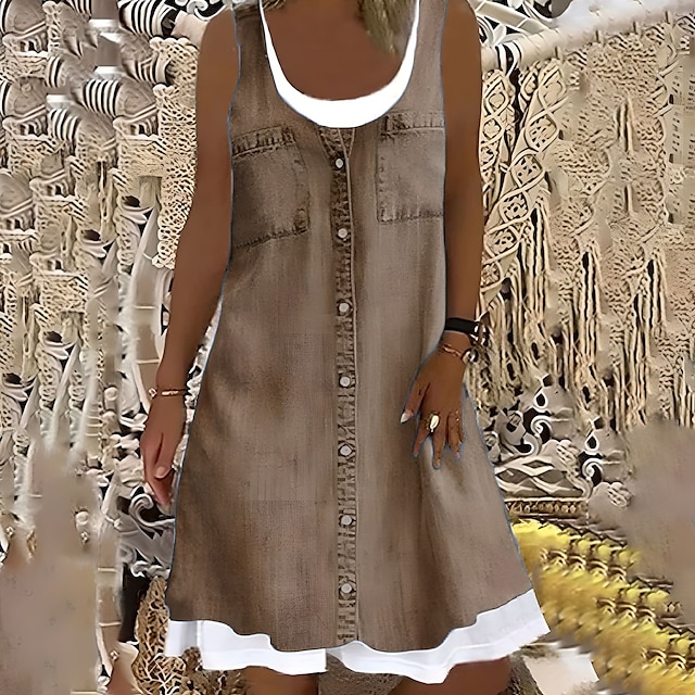  Women's Midi Dress Shift Dress Gray Sleeveless Floral Fake two piece Summer Spring Crew Neck Modern 2023 5XL