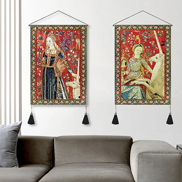 Pack of 2 Vintage Medieval Woven Wall Tapestry Art Decor Blanket Curtain Hanging Home Bedroom Living Room Decoration Nordic Cotton Linen Tassel 14" x 20" 21