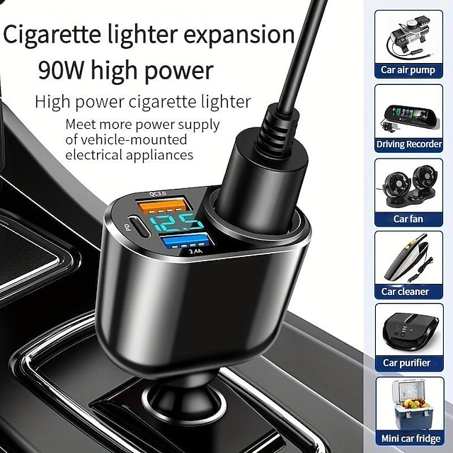  Encendedor de cigarrillos con pantalla digital 66w pd30w cabeza de carga rápida transfronteriza uno remolque cuatro cargador de coche multifuncional