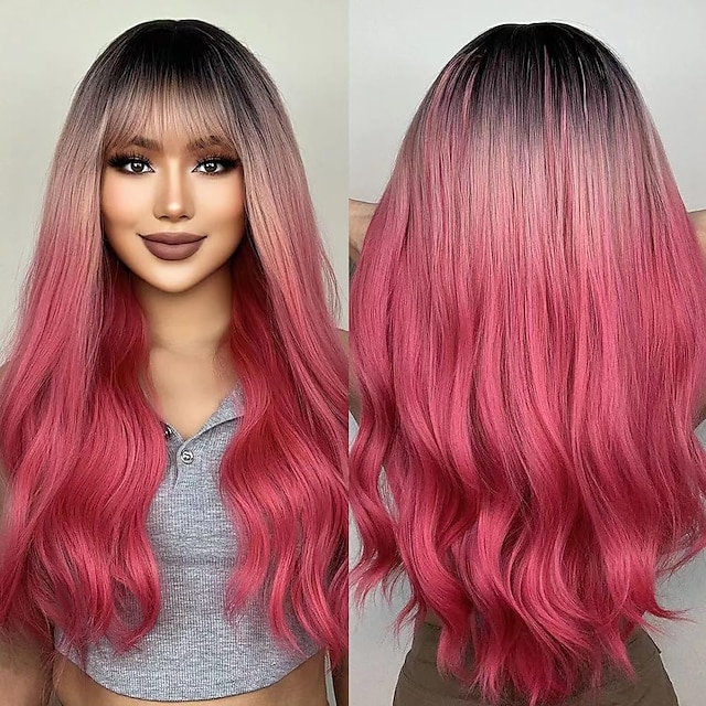  parrucche ondulate rosse lunghe ombre rosa per le donne parrucche ricci rosa nere con frangia parrucca cosplay radici scure parrucche sintetiche senza colla per l'uso quotidiano delle feste