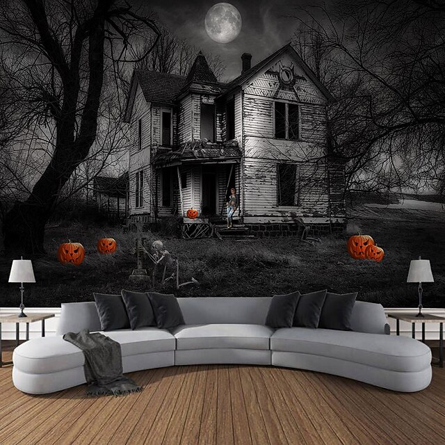 Halloween Tapestry Art Decoration Blanket Curtains Hanging Home Bedroom Living Room Decoration Pumpkin Ghost Skull Ghost House Eerie And Terrifying Halloween Decorations 7