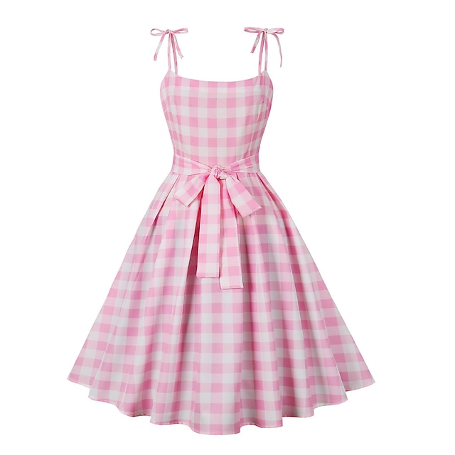  Retro Vintage 1950s Intensives Rosa Swing-Kleid Flare-Kleid Damen Kariert Gingan Maskerade Freizeitskleidung Verabredung Kleid
