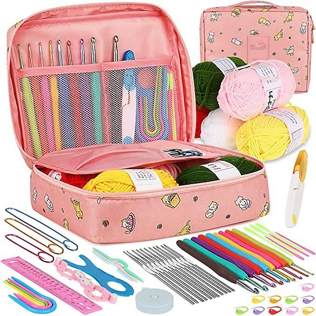  58pcs kit de crochê iniciantes conjunto de crochê com fio de crochê, conjunto de agulha de crochê portátil ganchos de crochê ergonômicos ganchos de crochê de renda macia estojo de agulha de crochê de viagem completo suprimentos de crochê de tricô