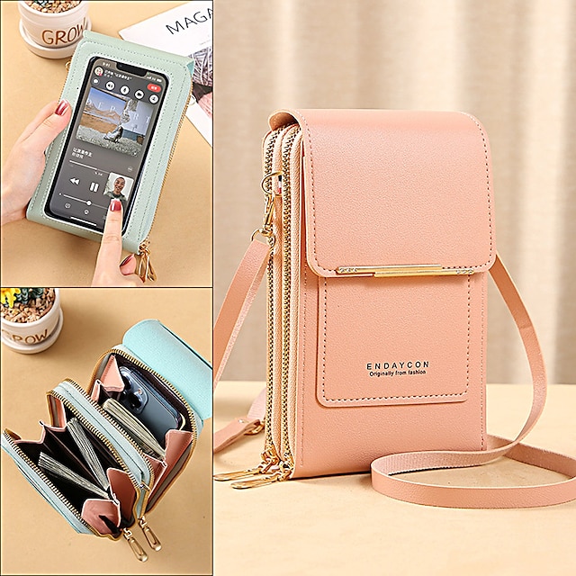  Women's Crossbody Bag Wallet Coin Purse Mobile Phone Bag Credit Card Holder Wallet PU Leather Daily Holiday Zipper Touchscreen Adjustable Lightweight Solid Color Black Light Pink Dusty Rose