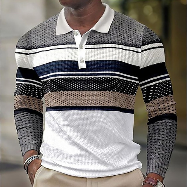  Men's Striped Golf Shirt Long Sleeve Polo Shirts Collared Shirts Casual Vacation Wear Formal Wear Festival Wear Buttons 3D Print Fall & Winter White Purple Brown