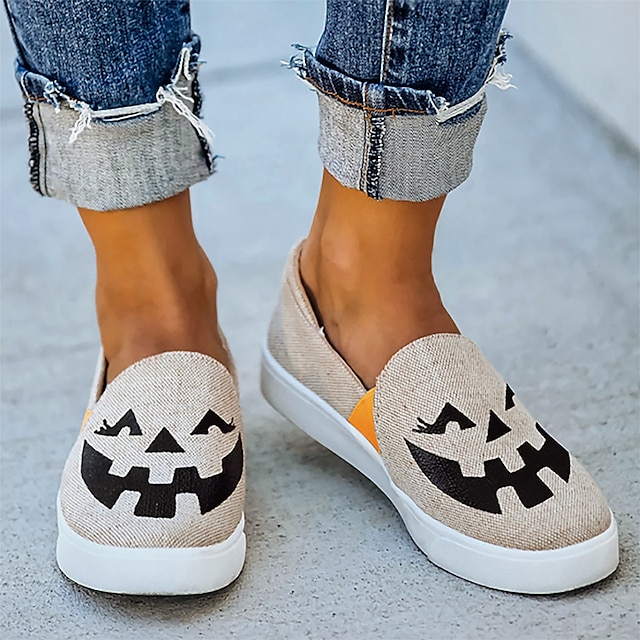  dámské halloween dýňové slip-on boty - pohodlné plátěné tenisky s potiskem jack-o'-lantern, ideální pro běžné nošení a halloween party