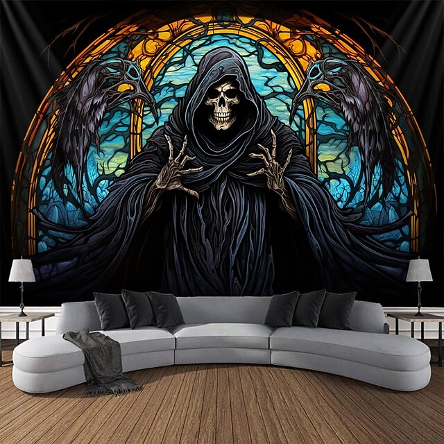 Halloween Death Hanging Tapestry Stained Glass Wall Art Large Tapestry Mural Decor Photograph Backdrop Blanket Curtain Home Bedroom Living Room Decoration Decorations 19