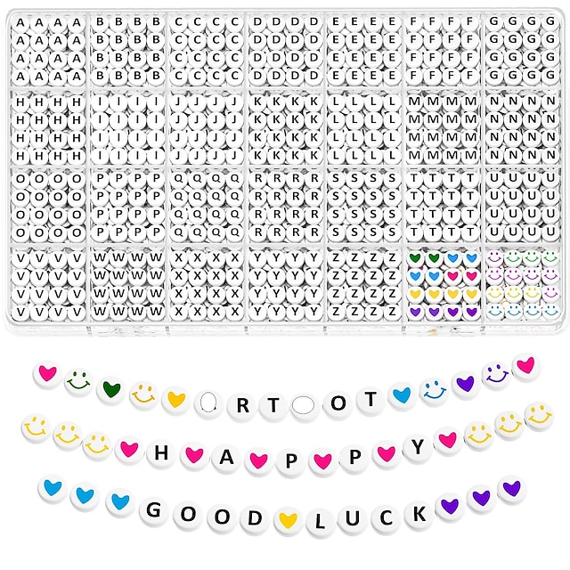  1400-teiliges Tonperlen-Buchstabenperlen-Set, 4 x 7 mm, weiße Acryl-Alphabetperlen, Buchstabenperlen für die Schmuckherstellung, Zahlenperlen, Herzperlen, Freundschaftsarmband-Perlenherstellung