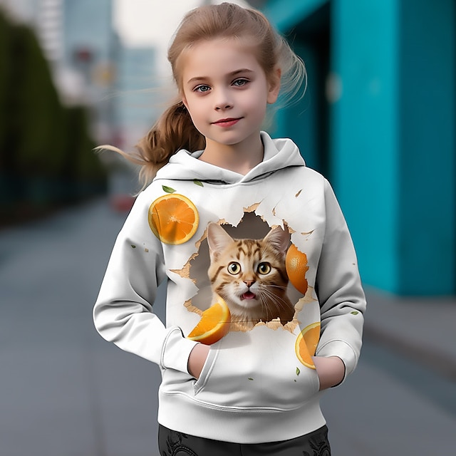  Jente 3D Grafisk Katt Frukt Hattetrøje Langermet 3D-utskrift Vår Høst Vinter Aktiv Mote søt stil Polyester Barn 3-12 år utendørs Avslappet Daglig Normal