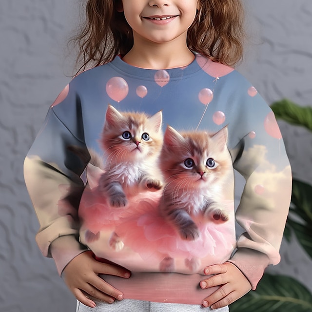  Girls' 3D Graphic Animal Cat Sweatshirt Long Sleeve 3D Print Summer Fall Fashion Streetwear Adorable Polyester Kids 3-12 Years Outdoor Casual Daily Regular Fit
