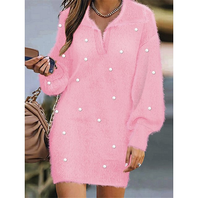  Women's Sweater Dress Jumper Ribbed Knit Patchwork Long Shirt Collar Pure Color Outdoor Going out Stylish Elegant Fall Winter White Pink S M L