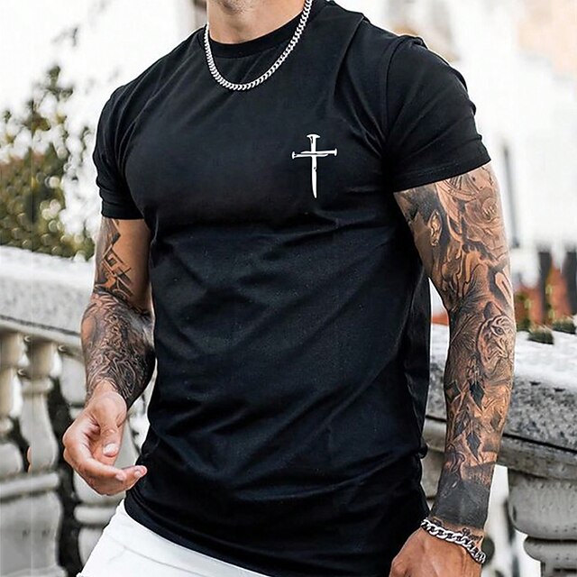 Men's Black Short Sleeve T-Shirt with Nail Cross Graphic - Christian Faith Crew Neck Tee3