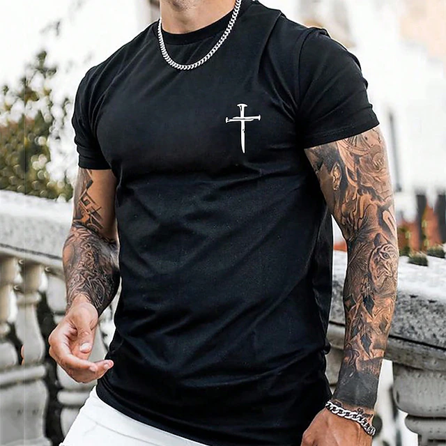 Men's Black Short Sleeve T-Shirt with Nail Cross Graphic - Christian Faith Crew Neck Tee3