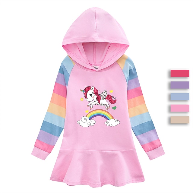  Kids Girls' Dress Rainbow Unicorn Stripe Long Sleeve Outdoor Casual Ruffle Fashion Cute Daily Cotton Knee-length Casual Dress Hoodie Dress Spring Fall 2-8 Years Pink Purple Rose Red