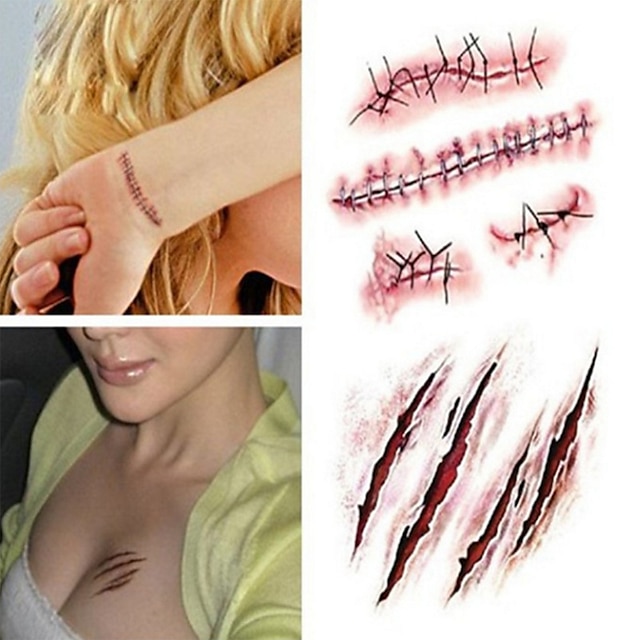  5 pièces halloween zombie cicatrices tatouages étanche avec fausse gale sang maquillage halloween décoration plaie effrayant sang blessure autocollant
