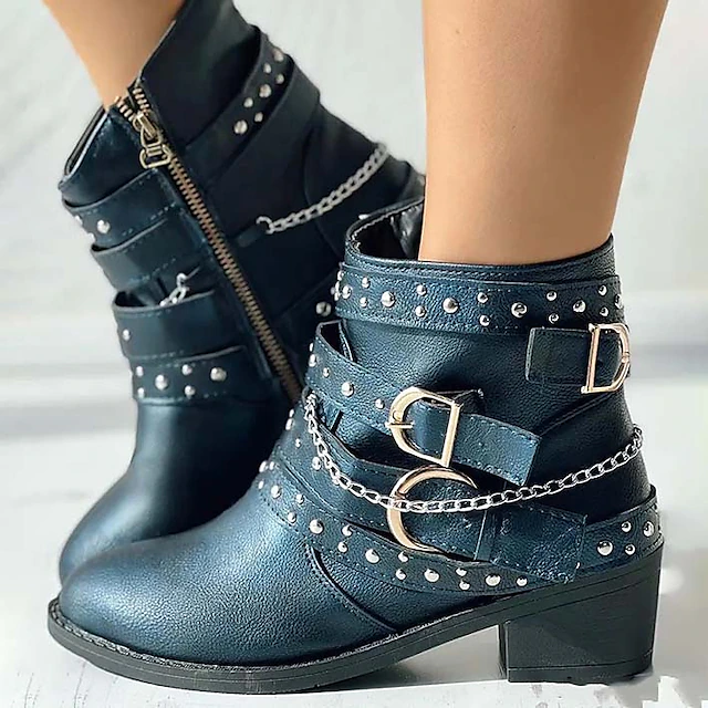 Women's Studded Biker Ankle Boots with Buckle Straps and Chain, Punk Rock Motorcycle Boots for Casual Streetwear and Concert Outfits 19