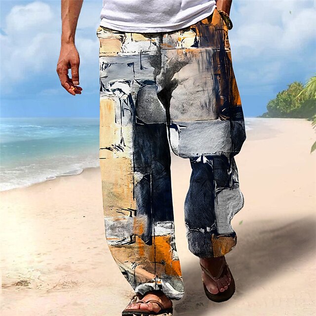 Men's Trousers Summer Pants Beach Pants Drawstring Elastic Waist 3D Print Color Block Graphic Prints Geometry Comfort Casual Daily Holiday Streetwear Hawaiian Yellow Blue3