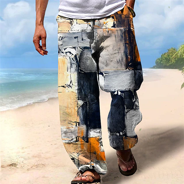 Men's Trousers Summer Pants Beach Pants Drawstring Elastic Waist 3D Print Color Block Graphic Prints Geometry Comfort Casual Daily Holiday Streetwear Hawaiian Yellow Blue3