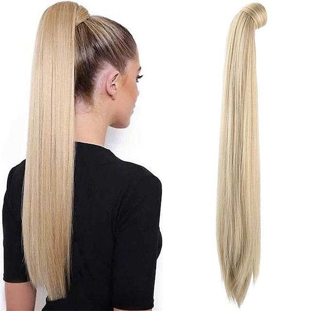  28 tommer klip i hestehaleforlængelse vikle rundt om langt lige hestehalehår syntetisk hårstykke til kvinder farve blond med bleg guld highlights