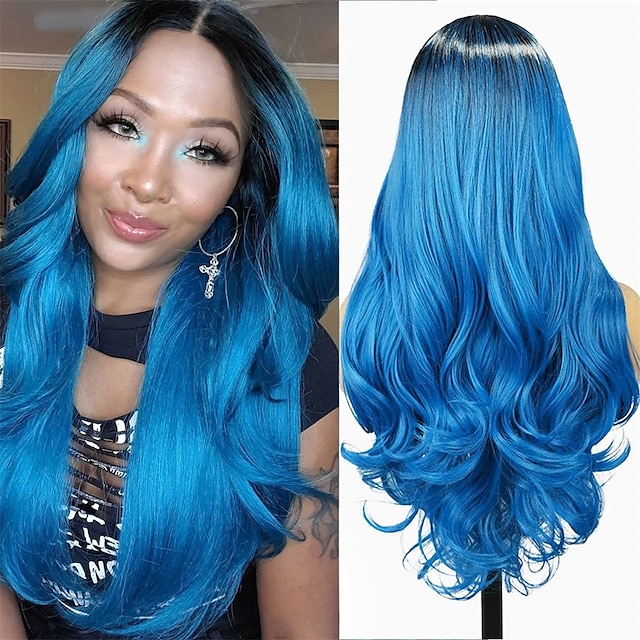 Long Blue Wavy Wigs for Women Curly Middle Part Blue Wig Natural ...