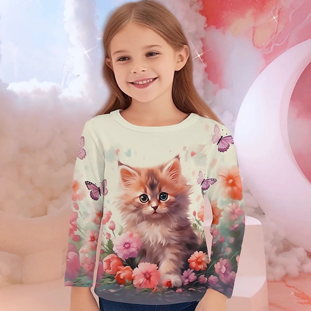  Voor meisjes 3D Tekenfilm Bloemig Kat T-shirt Lange mouw 3D-afdrukken Zomer Herfst Actief Modieus leuke Style Polyester Kinderen 3-12 jaar Buiten Casual Dagelijks Normale pasvorm