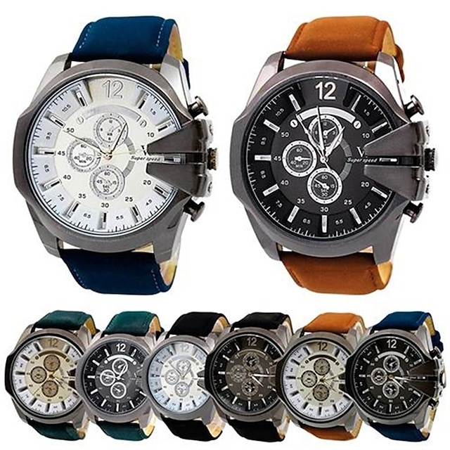  New Men's Fashion Watch Big Dial Faux Leather Band Stainless Steel Analog Quartz Sports Wrist Watch