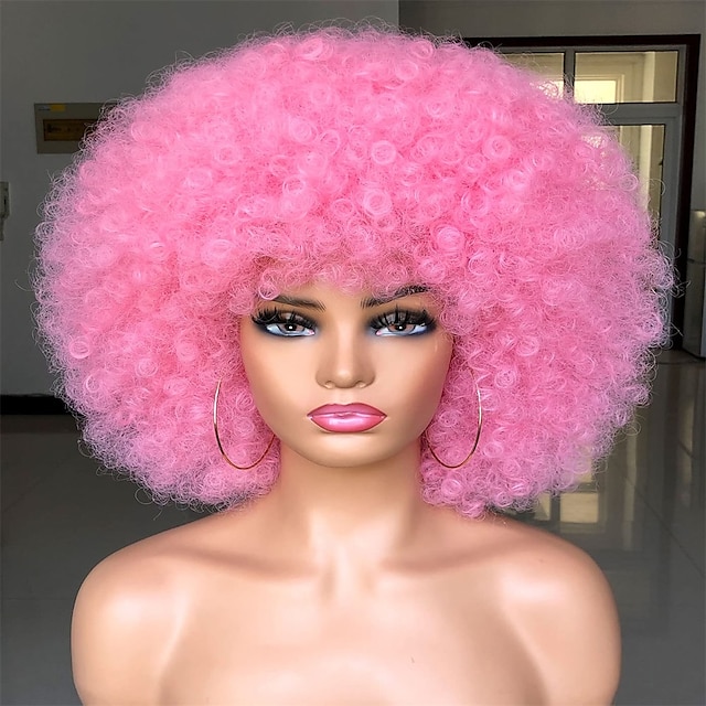  Short Afro Wig with Bangs for Black Women Afro Kinky Curly Wig 70s Premium Synthetic Big Afro Wig