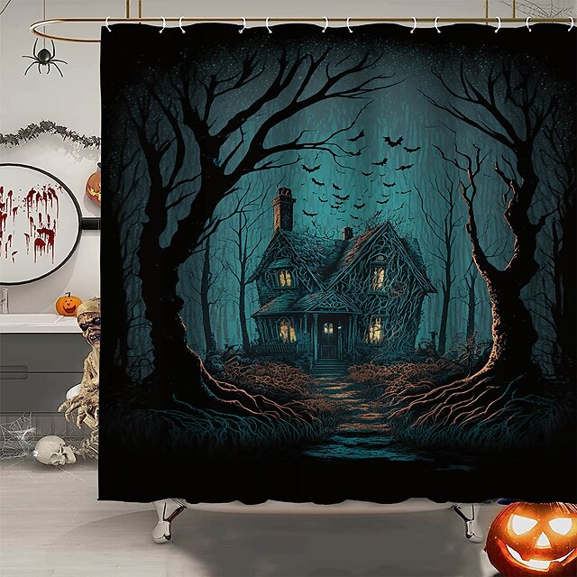 Halloween-Duschvorhang, 183x183 Cm – Mit Horrorschloss-Motiv, Wasserdicht, Inkl. 12 Haken