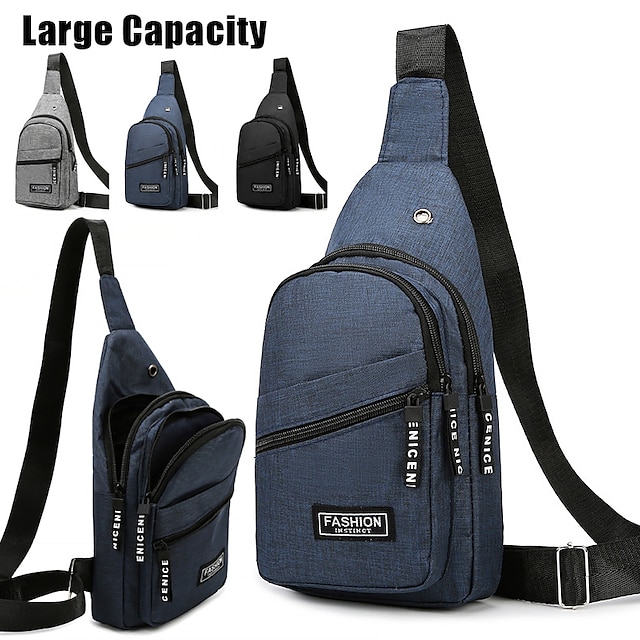  pánská crossbody kabelka – lehký modrý plátěný batoh přes rameno s mnoha kapsami na zip, ideální na cesty a běžné nošení