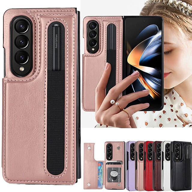 Phone Case For Samsung Galaxy Z Fold 5 Z Fold 4 Z Fold 3 Leather With Card Holder Kickstand with Pen Slot Holder Solid Color PC PU Leather