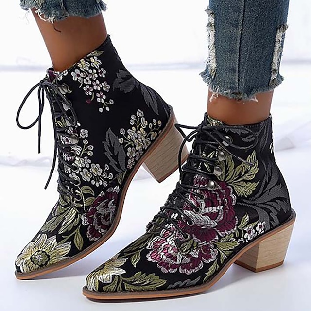  Women's Boots Lace Up Boots Booties Ankle Boots Outdoor Daily Floral Embroidered Booties Ankle Boots Winter Chunky Heel Pointed Toe Elegant Vintage PU Lace-up Black Light Red Red