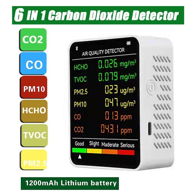  6 az 1-ben levegőminőség-érzékelő monitor pm2,5 pm10 hcho tvoc co & formaldehid lcd kijelzővel