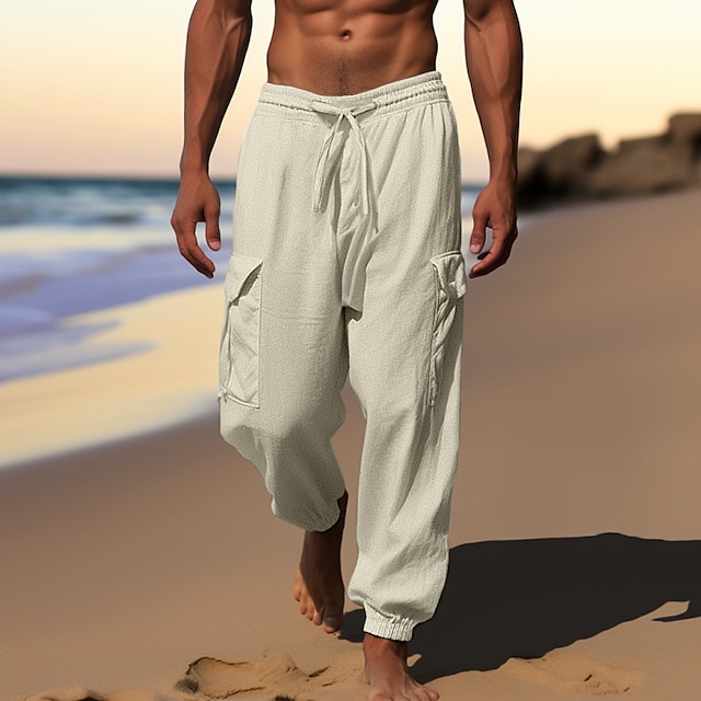  Homens Calças Cargo Corredor Calças de linho Calças Calça verão Com Cordão Cintura elástica Bolso multi Tecido Conforto Respirável Casual Diário Feriado Moda Estilo Clássico Preto Branco