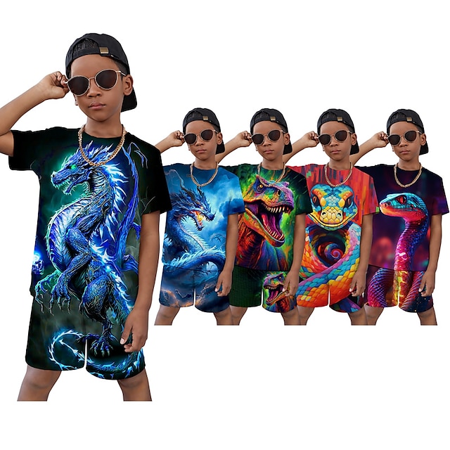  Dla chłopców 3D Graficzny Zwierzę Smok Koszulka i spodenki Zestaw T-shirtów Komplet odzieży Krótki rękaw Wydruki 3D Lato Wiosna Aktywny Sport Moda Poliester Dzieci 3-13 lat Na zewnątrz Ulica Urlop