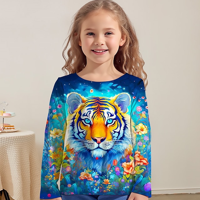  Pige 3D Grafisk Dyr Tiger T-shirt Langærmet 3D-udskrivning Efterår Vinter Aktiv Mode Sød Stil Polyester Børn 3-12 år udendørs Afslappet Daglig Regulær